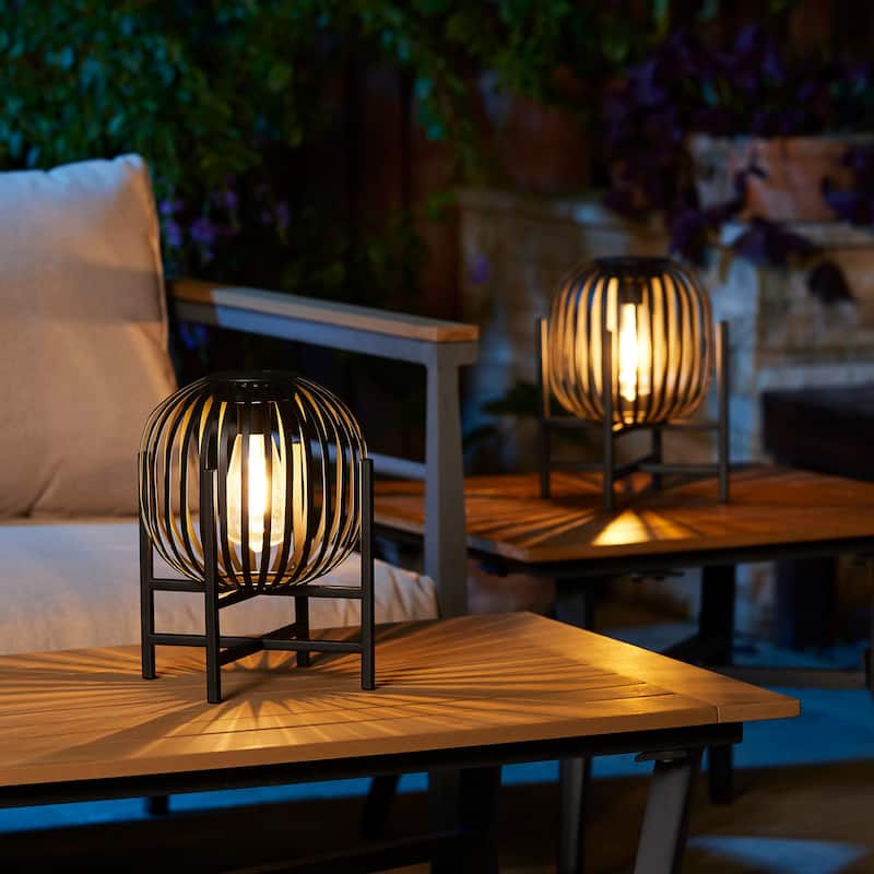 Glitzhome Outdoor Black Metal Striped Freestanding Solar Lantern Deck Lamp