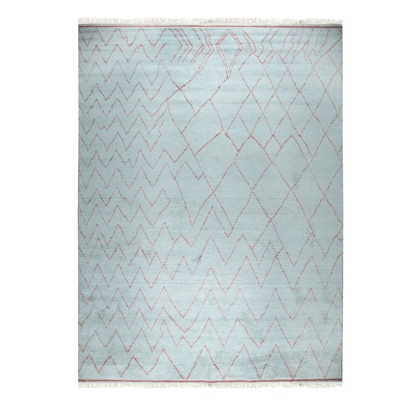 Light Blue Hand-Knotted Wool Moroccan Rug, 9' x 12', plush elegant floor accent - L