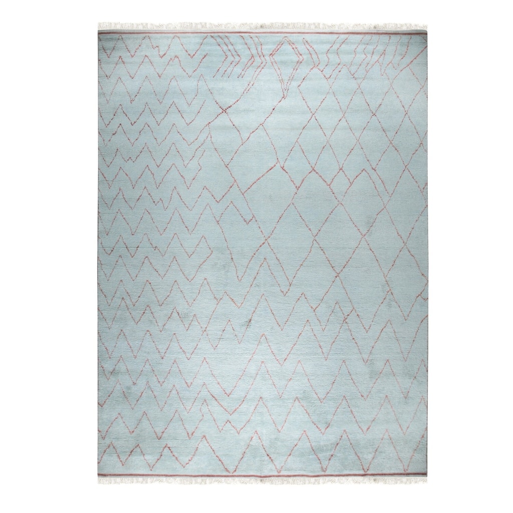 Light Blue Hand-Knotted Wool Moroccan Rug, 9' x 12', plush elegant floor accent - L