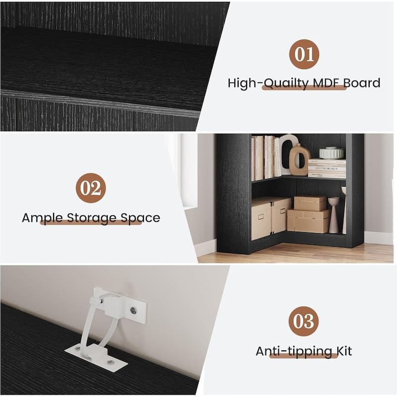 Industrial L Shaped Corner Bookshelf with Open Shelves - N/A