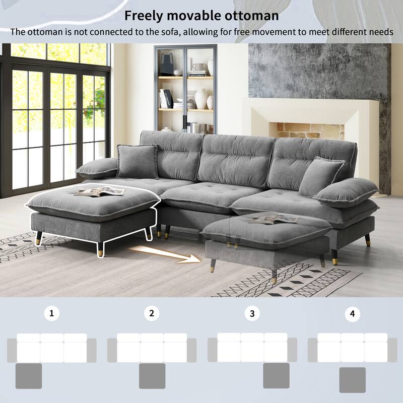 L Shaped Convertible Sectional Sofa, 4 Seat Tufted Couch Set