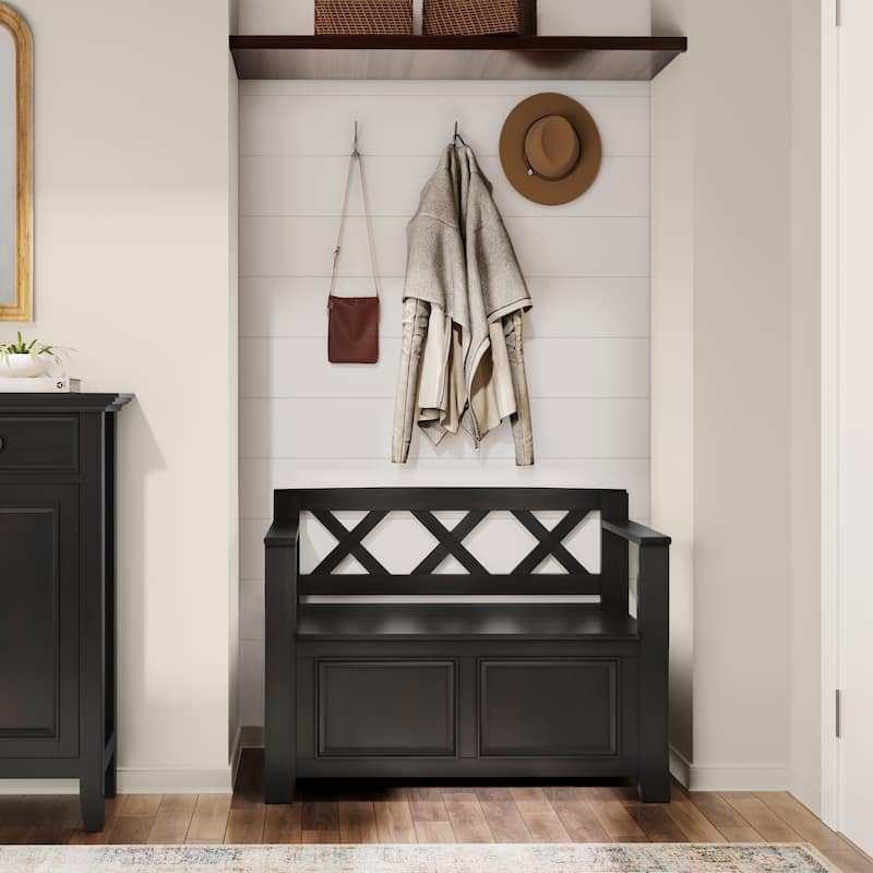 WYNDENHALL Halifax SOLID WOOD 36 inch Wide Transitional Small Entryway Storage Bench -  17"D x 36" W x 27.8"H - Hickory Brown