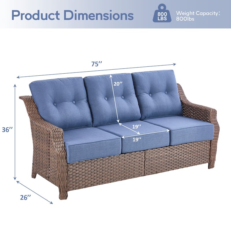 Outdoor 3 Seater Sofa Deep Seat Sofa - Blue Cushion - Brown