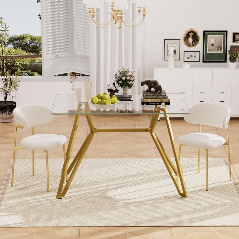 Gold Modern Tempered Glass Dining Table with Metal Legs for Kitchen, Living Room