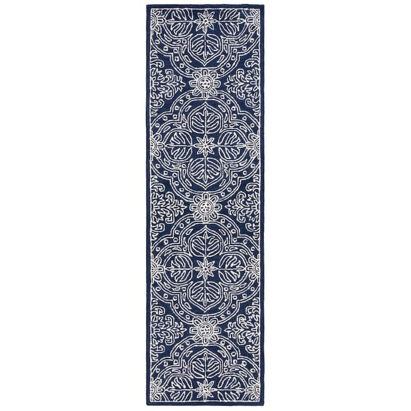 Lauren Ralph Lauren Handmade Etienne French Country Geometric Wool Rug - 2'3" x 12' Runner - Navy/Ivory