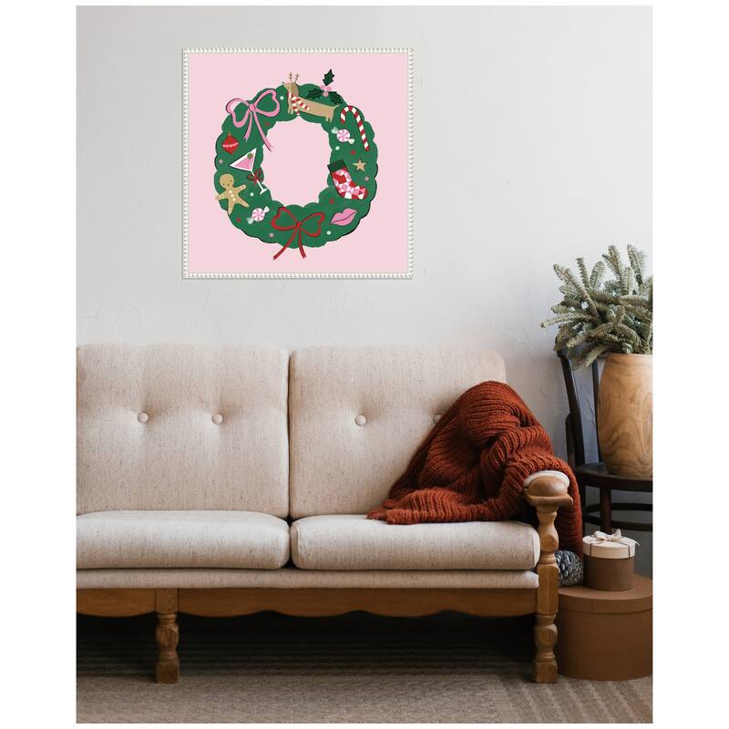 Kate and Laurel Sylvie Beaded Festive Wreath Framed Canvas by Aislinn Simmonds Duchess Plum