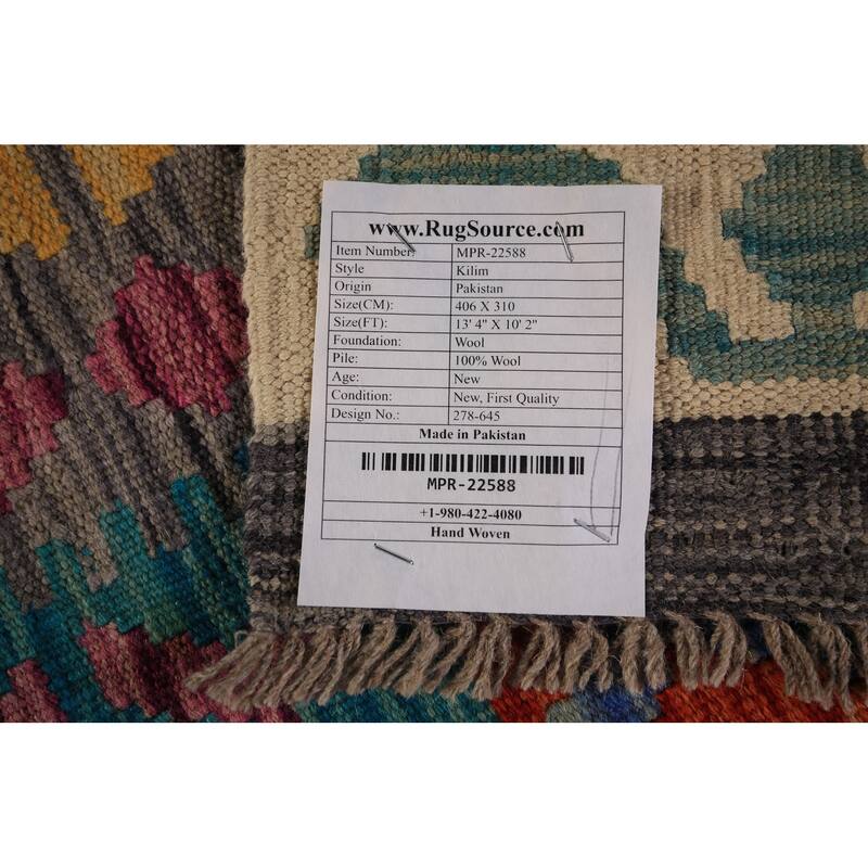 South Western Kilim Oriental Area Rug Flatweave Geometric Wool Carpet - 10'2" x 13'4"