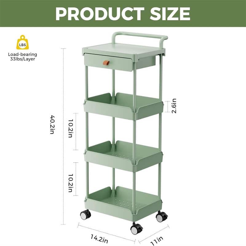 4Tier Rolling Utility Cart with Drawer - 12.9"D x 14.5"W x 41.1"H