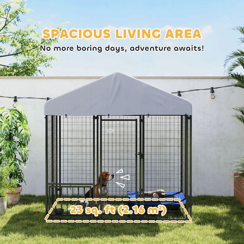Silver-Black Steel Dog Kennel with PE Cover and Adjustable Bowl Rack - 70.8" W x 48” D x 72" H