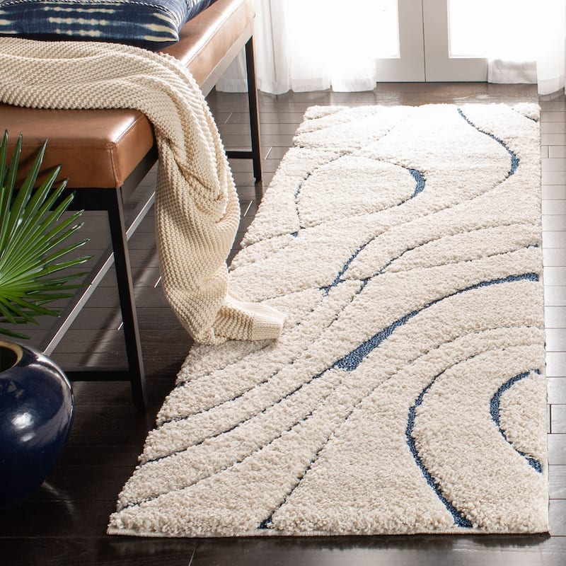 SAFAVIEH Florida Shag Sigtraud Abstract Waves 1.2-inch Thick Rug - 2'3" x 7' Runner - Cream/Blue - Runner
