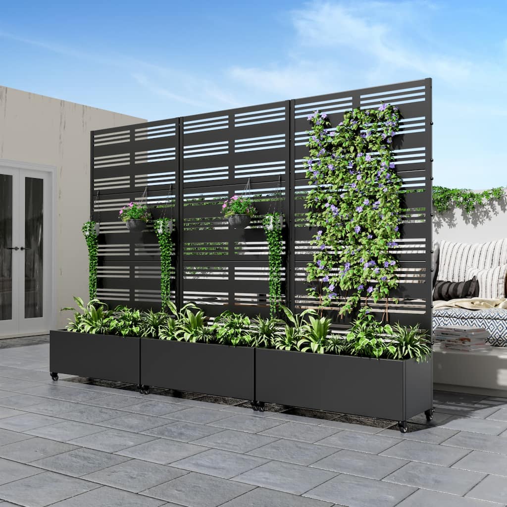 Metal Movable Planter Box with Trellis Privacy Screen Planter Box with Lockable Wheels