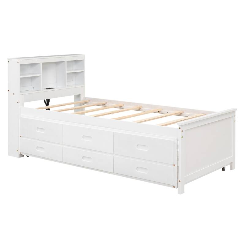 Twin Size Platform Bed with Storage Headboard and USB, Pull-out Trundle Bed and Drawers Storage Bed for Bedroom, Apartment