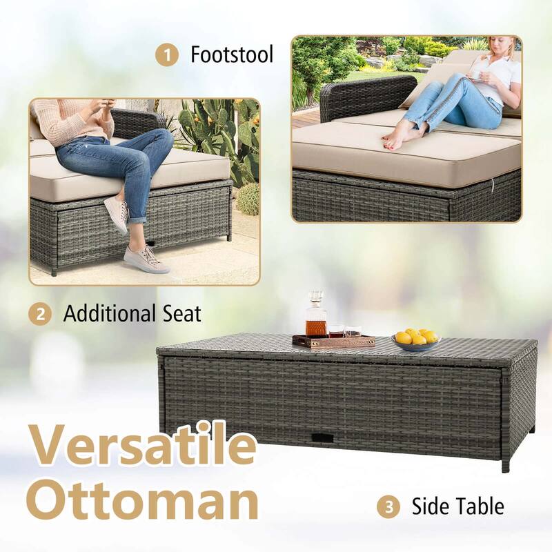 Gymax Rattan Daybed Wicker Loveseat Sofa Set w/ Ottoman & Retractable