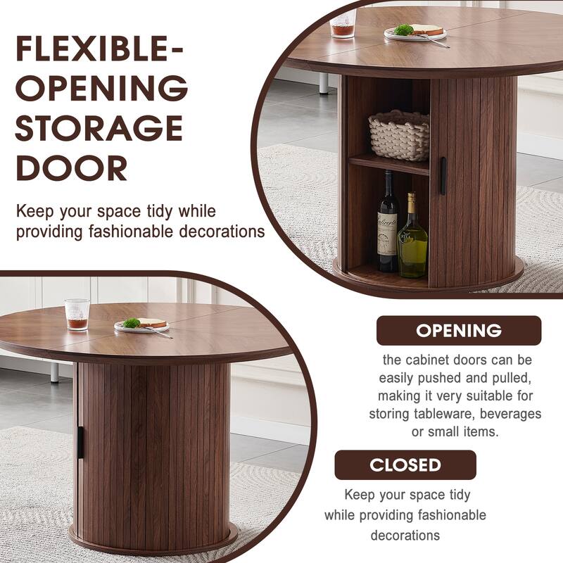 Round Dining Table with Two Layers of Storage Shelves. Wood Tea Desk, Flexible-opening Storage Door, Large Storage Space