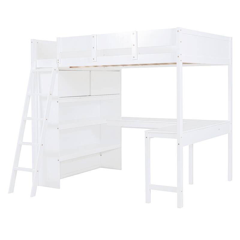 Full Size Loft Bed with Desk and Shelves in White/Gray
