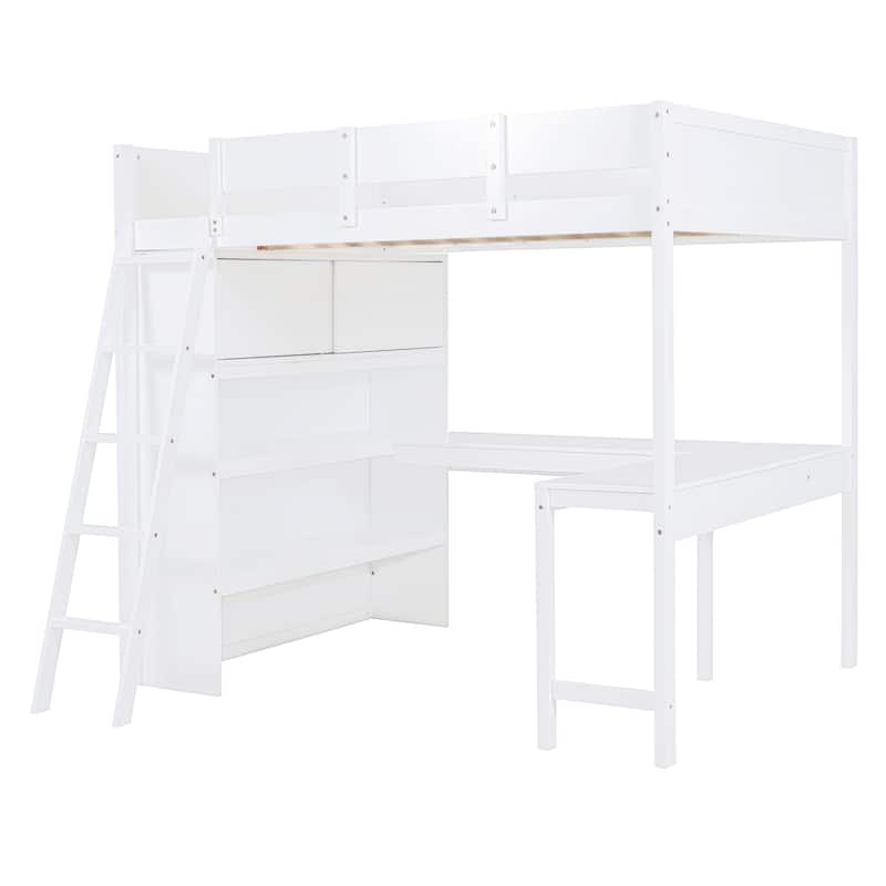 White Full Size Solid Wood Loft Bed with Desk and Shelf for Kids, Boys and Girls, Bedroom