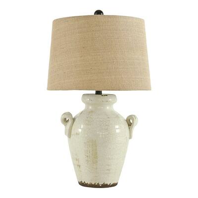 Ceramic Table Lamp with Vase Shaped Body and Fabric Shade, White and Beige