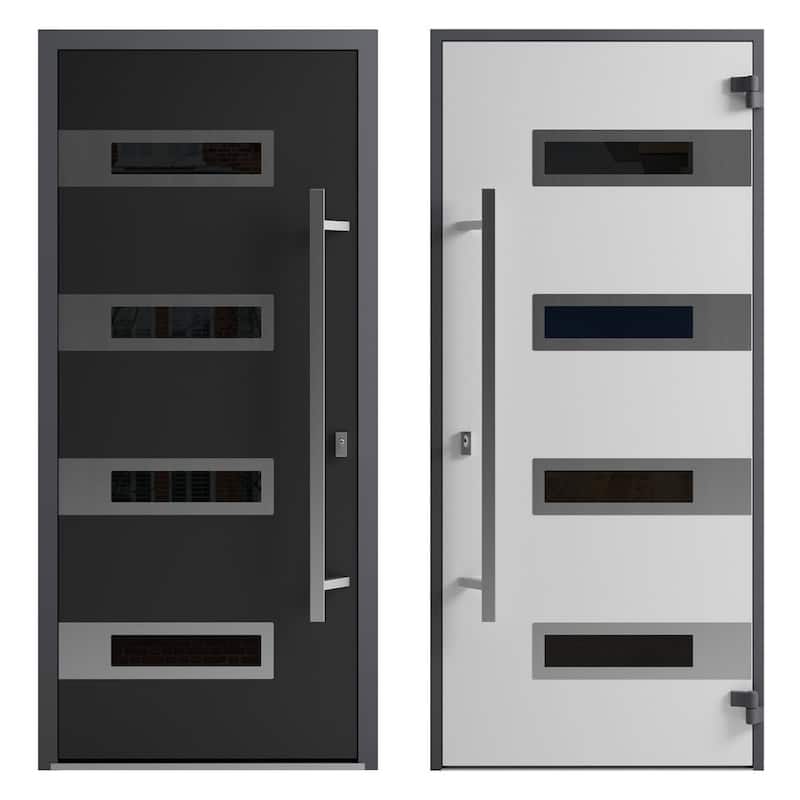 Front Exterior Prehung Steel Door Ronex 0131 Black Enamel Stainless Inserts Entry Metal Painted W36xH80 Left hand Inswing