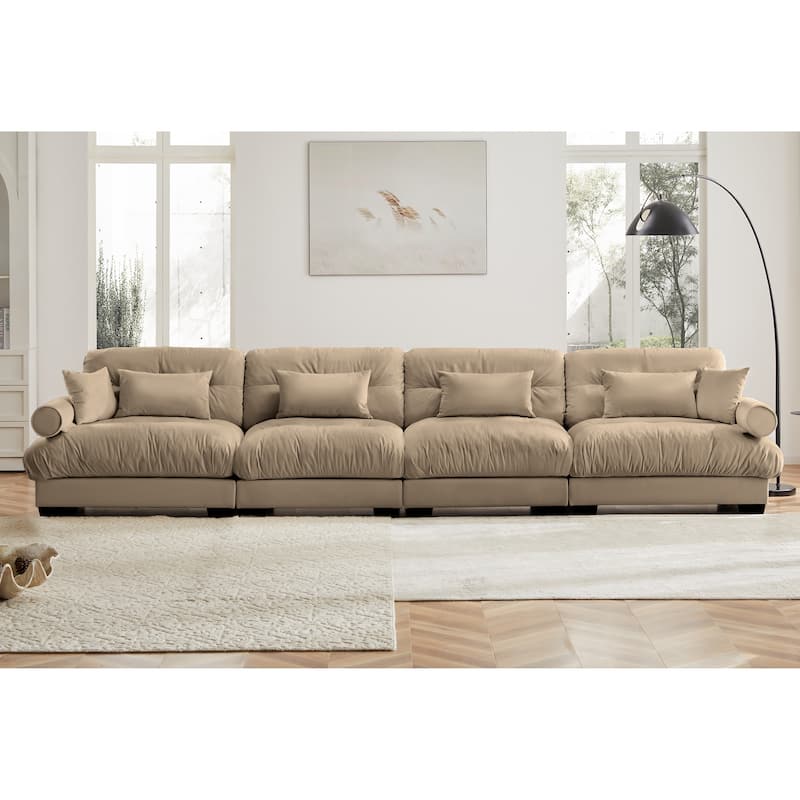 166" Velvet 4-Seater Sofa, Bolster Arms and High-Resilience Cushions