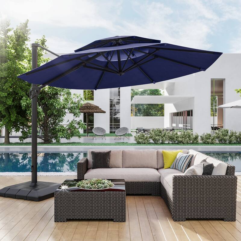 BONOSUKI 11Ft Double Top Aluminum Cantilever Patio Umbrella with Base for Patio Deck Garden, Red