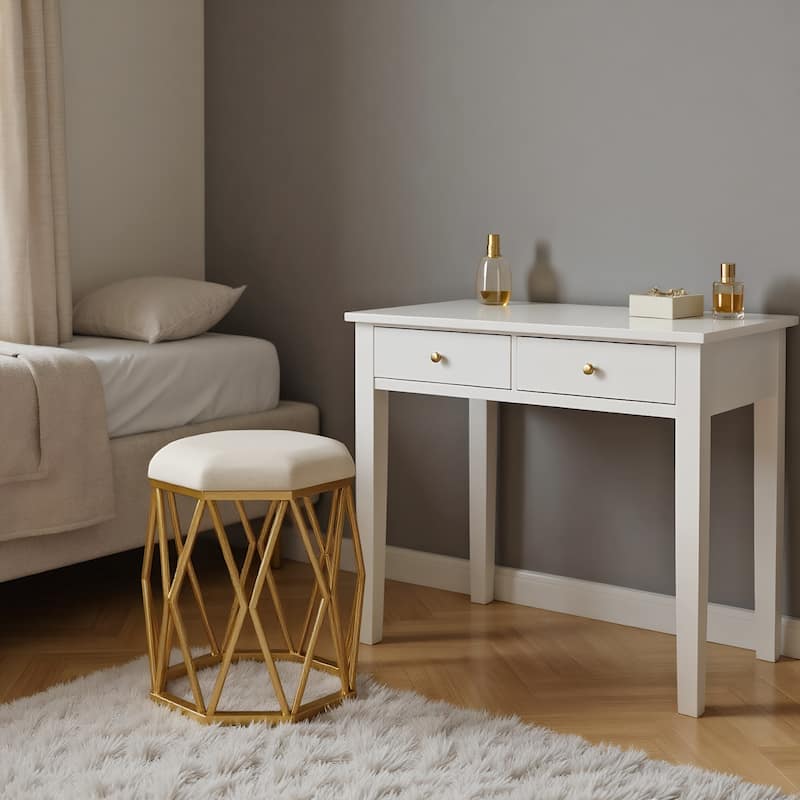 Modern Fabric Vanity Stool Chair with Metal Legs - White