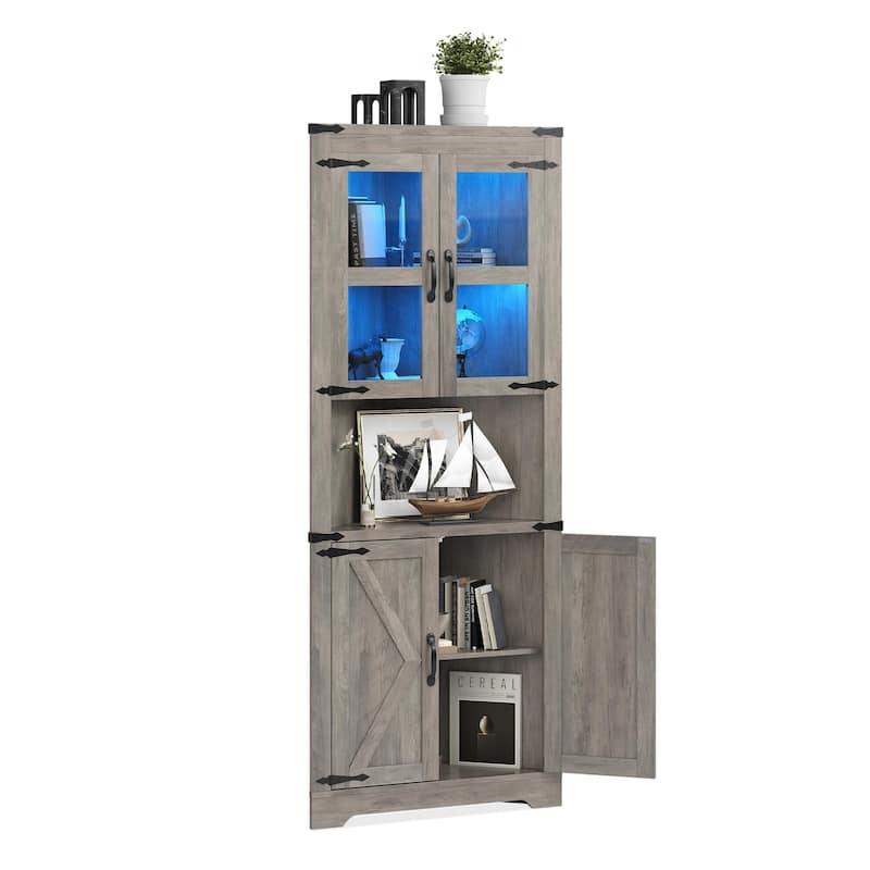 67" Tall Corner Storage Cabinet with Lights, Farmhouse Corner Hutch Display Cabinet with Glass Doors