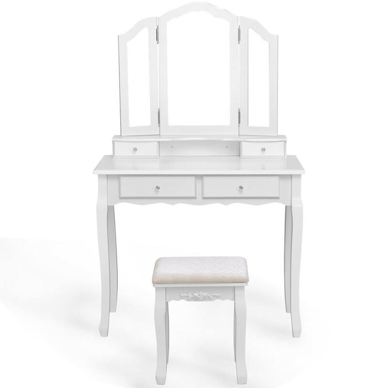 Tri Folding Mirror Vanity Table Stool Set with 4 Drawers and Cushioned Stool-White - 35" x 16" x 57"(L x W x H) - White