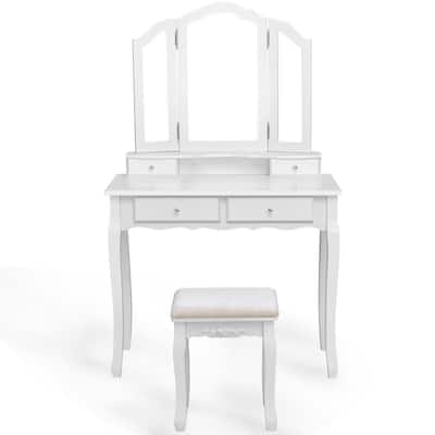 Tri Folding Mirror Vanity Table Stool Set with 4 Drawers and Cushioned Stool-White - 35" x 16" x 57"(L x W x H)