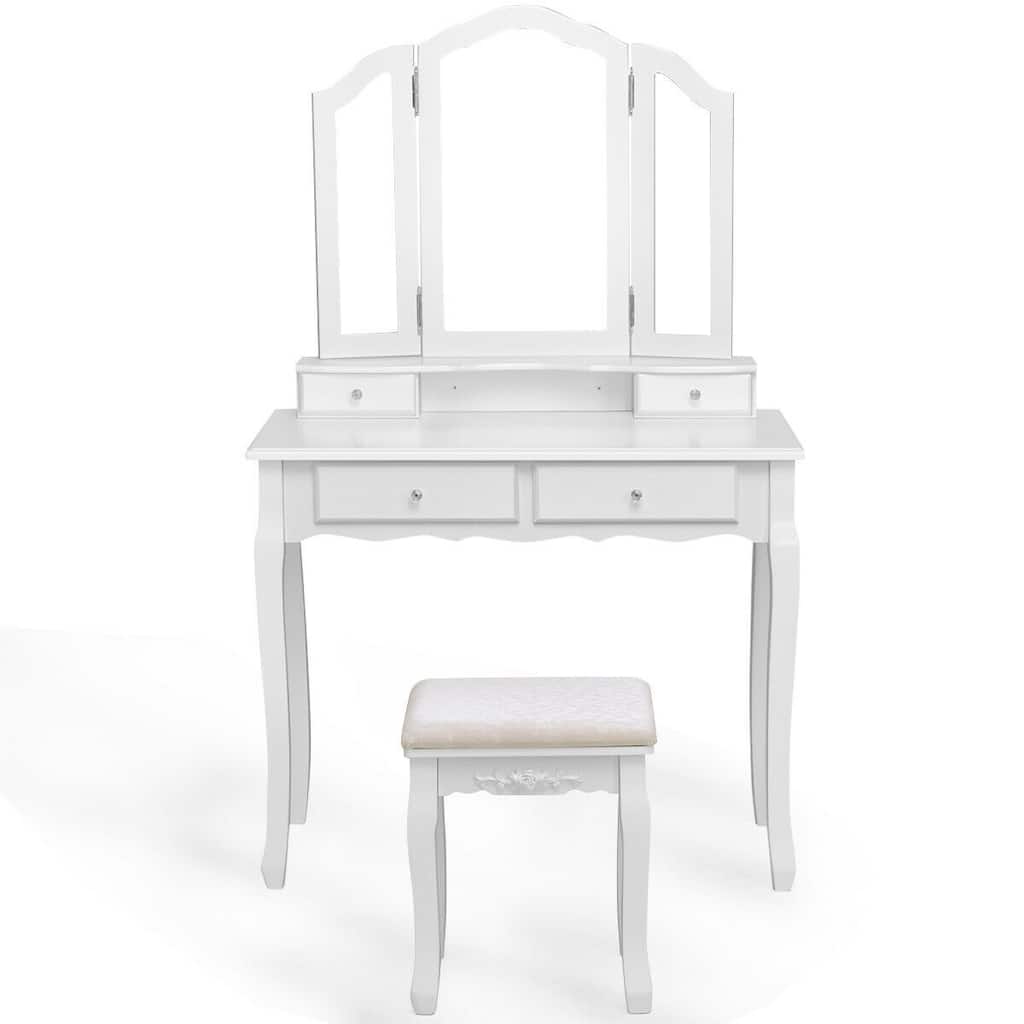 Tri Folding Mirror Vanity Table Stool Set with 4 Drawers and Cushioned Stool-White - 35" x 16" x 57"(L x W x H)