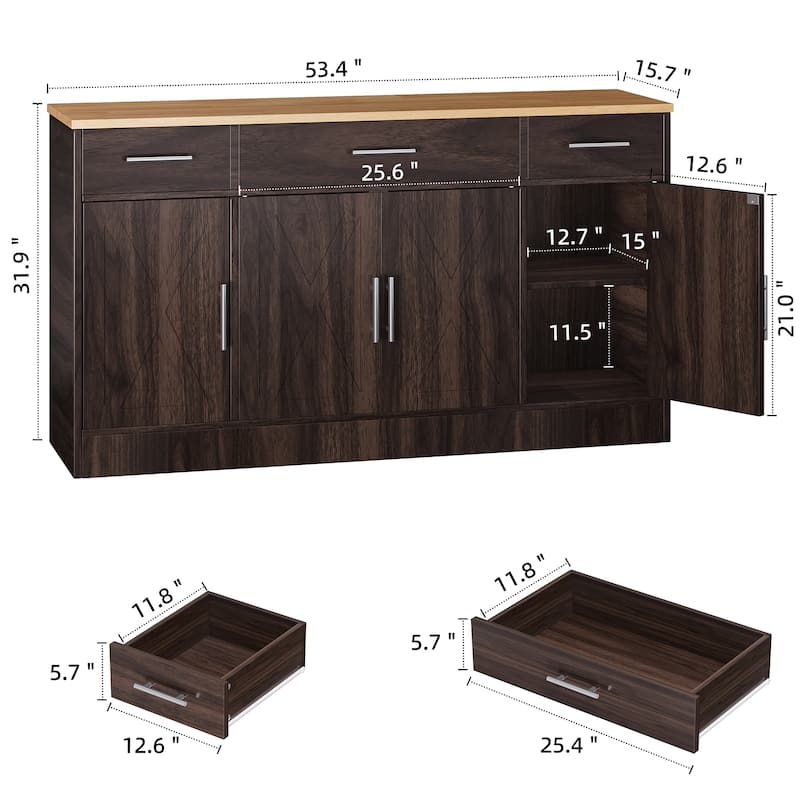 Kitchen Buffet Sideboard Storage Cabinet with Adjustable Shelves, Retro Design(3 Color Options)