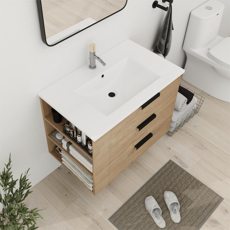 Bathroom Vanity With Sink In 30/36 Inch, Floating Bathroom Vanity With Soft Close Drawers and adjustable shelves