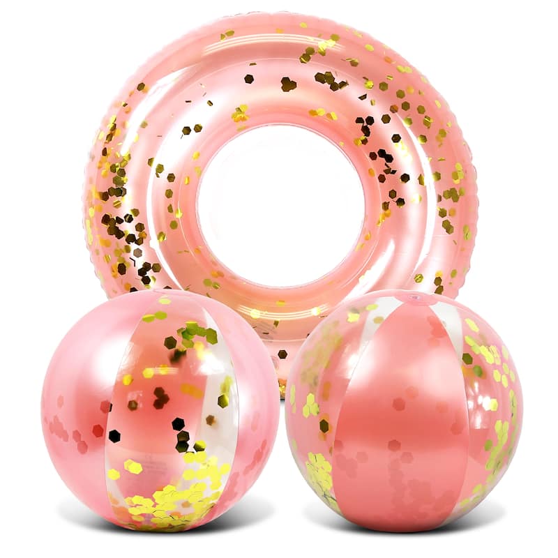 Mozlly Bundle of Inflatable Rose Gold Pool Float Tube And Beach Balls - ‎37 x 37 x 9.5 inches