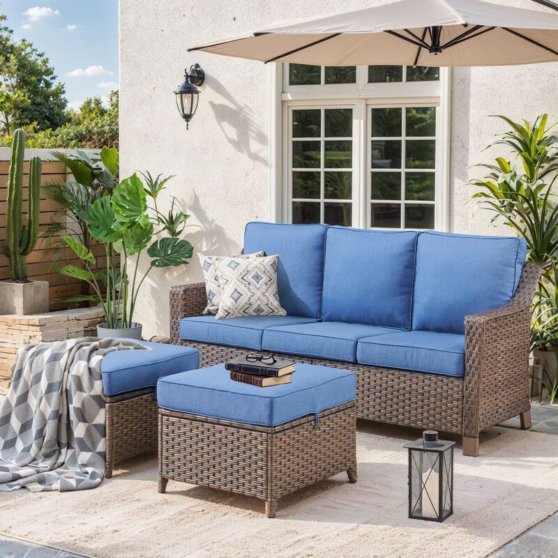 Pocassy All-Weather Rattan Patio Funiture Set - Brown Wicker / Blue Cushion - 3-Piece Sofa with Ottoman