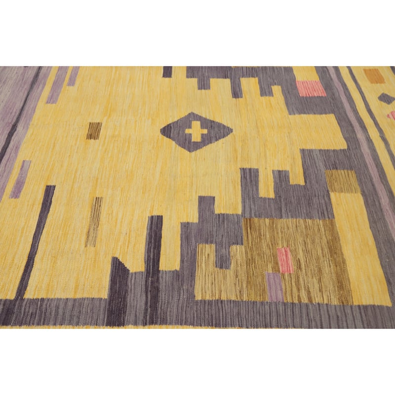 Hand Woven Oriental 100% Wool Carpet Southwestern Tribal Yellow & Gold Kilim Area Rug - 12' 8'' X 10' 2''
