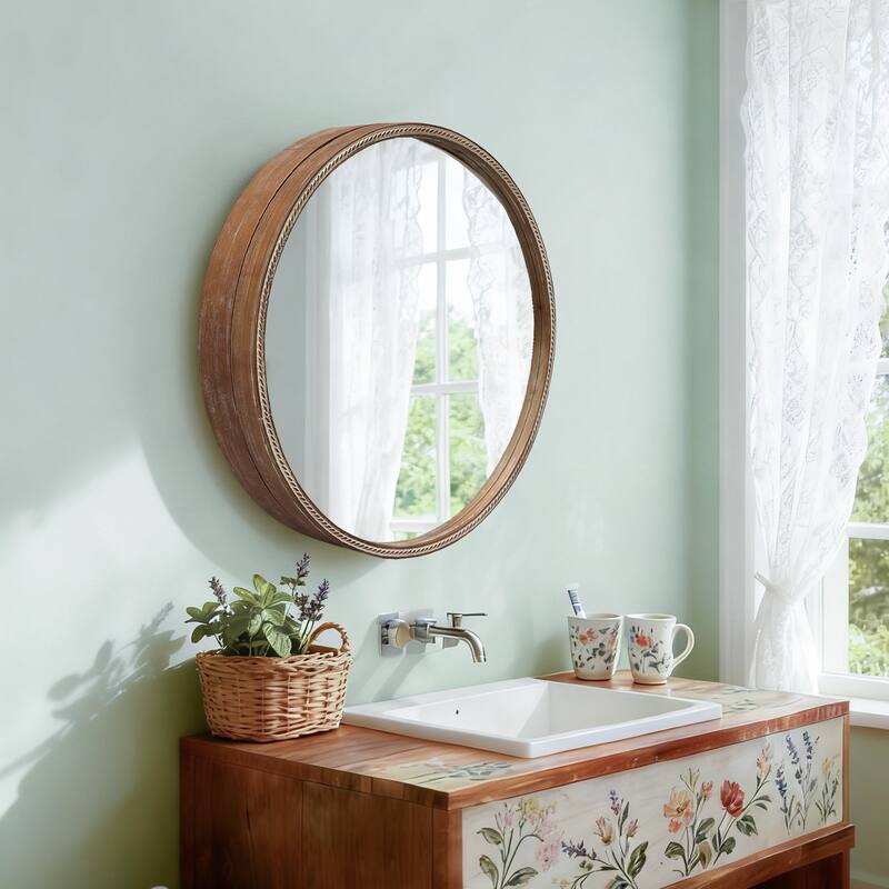 23.62" Sliding Round Wall Mirror with Storage Shelves - Natural Wood
