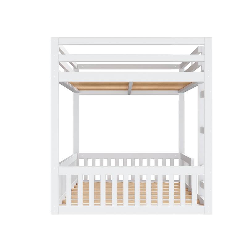 Stylish and Simple Full Size Wooden Bunk Bed, Solid Pine Full over Full Floor Bunk Bed Frame with Ladder and Guardrails