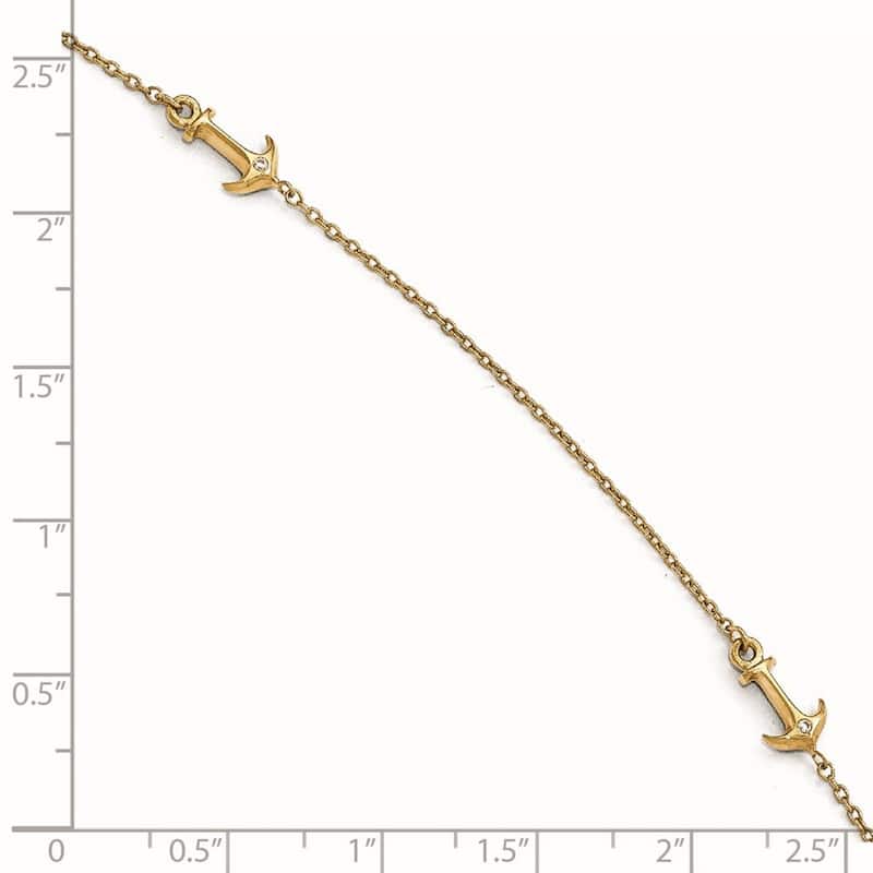 Curata Women's Italian 14k Yellow Gold Cubic Zirconia Polished Anchor Anklet - 9 +1 Inch
