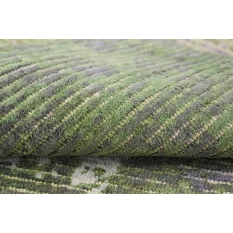 Hand Knotted Oriental Viscose Silk Carpet Modern All-Over Green Abstract Area Rug - 4' 0'' X 2' 0''
