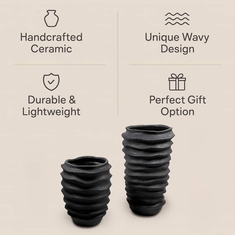 Aria Home Black Ceramic Vase Set of 2 with Large Cylindrical Design