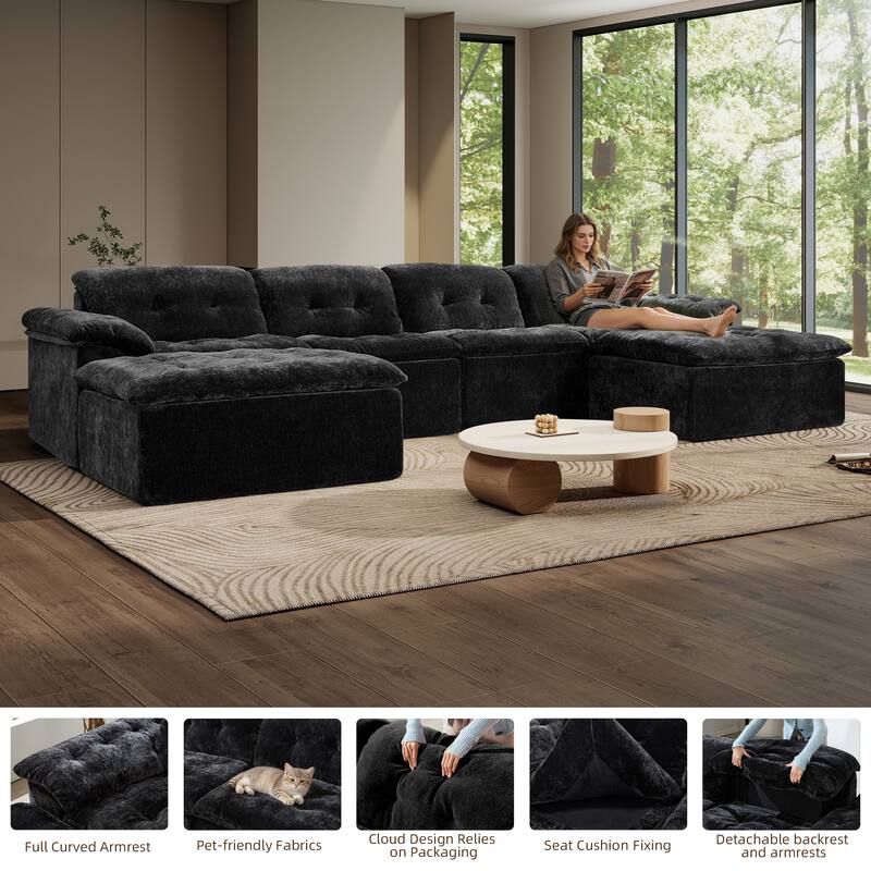 Rossetta 4-Seater Chenille Upholstery Modular Convertible Design Generous Seating Cushioned Sofa with 2 Versatile Ottomans