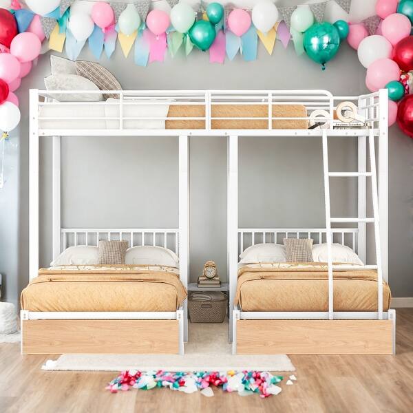 slide 2 of 9, Modren Full Over Twin & Twin Metal Bunk Bed Triple Bunk Bed With Drawers and Guardrails White