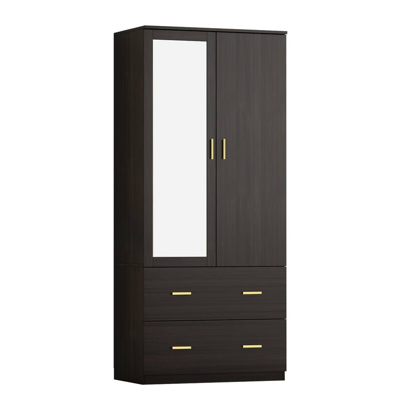 31.5"W x 72"H Two Door Wardrobe With Mirror White/Dark Brown Armoires - 31.5"W x 72"H