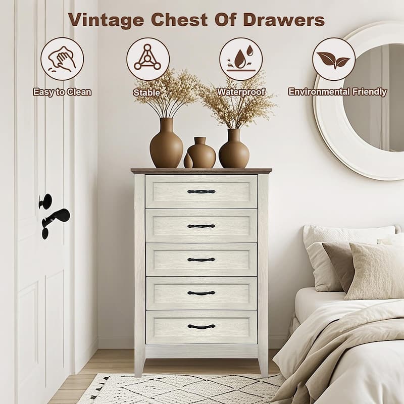 5 Drawers Tall Dresse, Wood Vintage Dresser, with Metal Handle