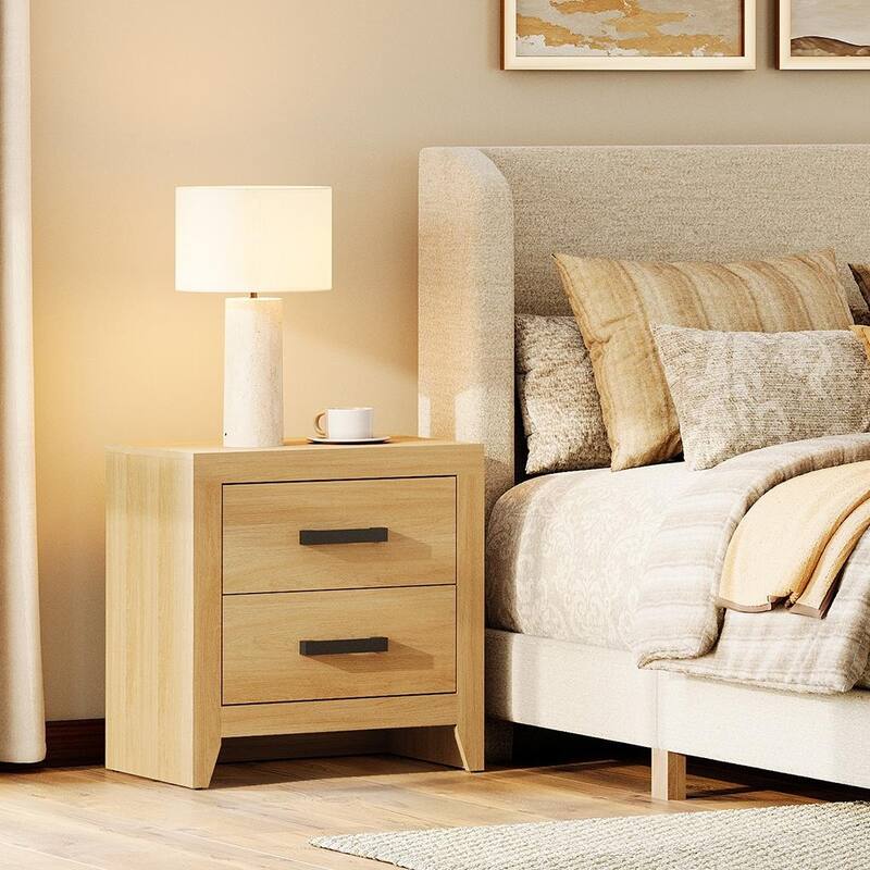 WAMPAT Farmhouse Nightstand with Dual Drawers - Rustic Brown