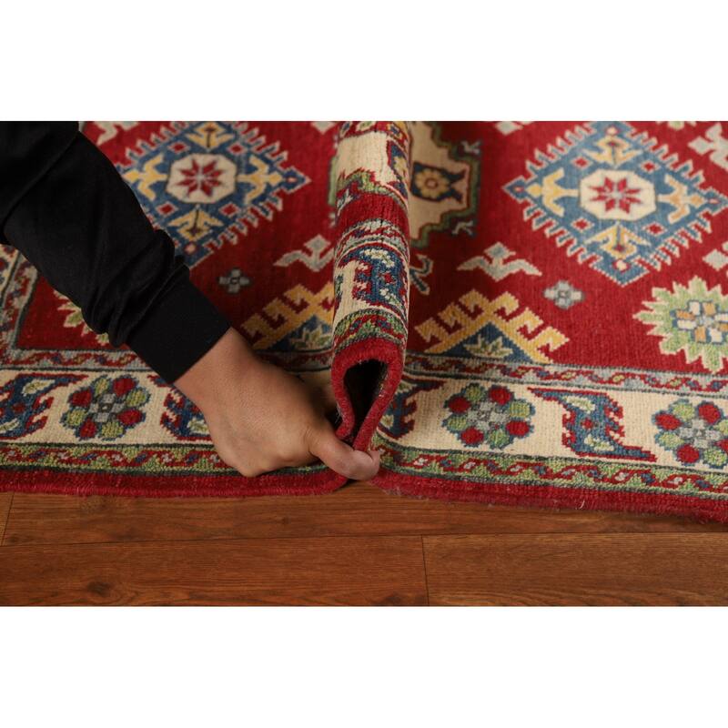 Red Geometric Kazak Foyer Rug Handmade Wool Carpet - 2'9"x 3'9"