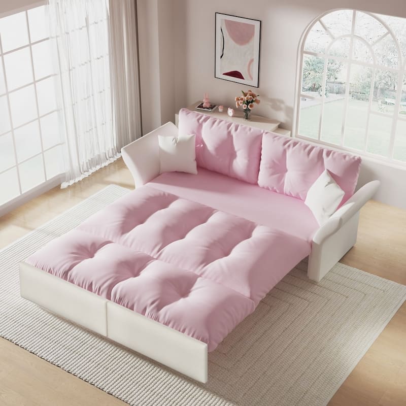 74.8" Queen Pull Out 3-in-1 Convertible Sleeper Tufted Sofa with 2 Soft Pillows