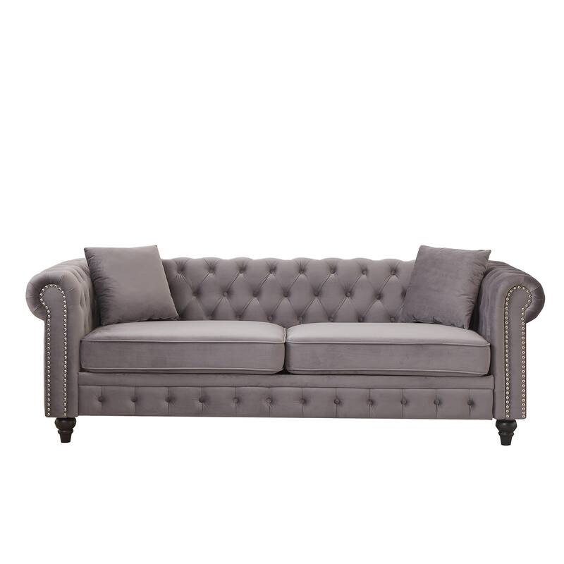 85.5"Living Room With Velvet Chesterfield Sofa With Rolled Arms 3 Seater Sofa With Button Design And 2 Cushions