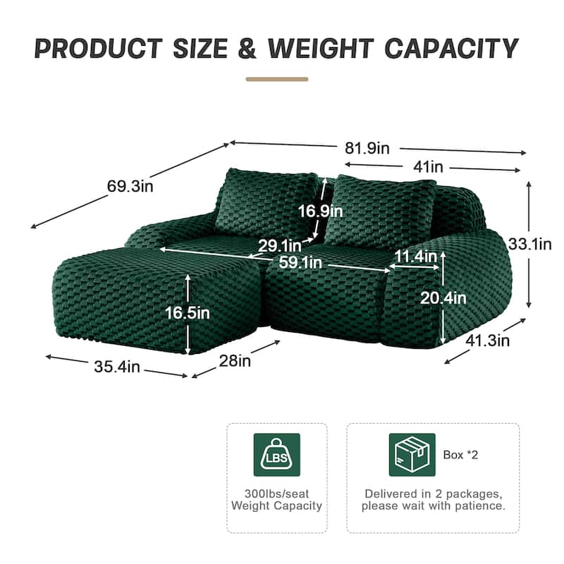 82" Modern L-Shaped Modular Sectional Sofa, Flannelette Fabric Oversized 2-Seater with Movable Ottoman & No-Assembly Design