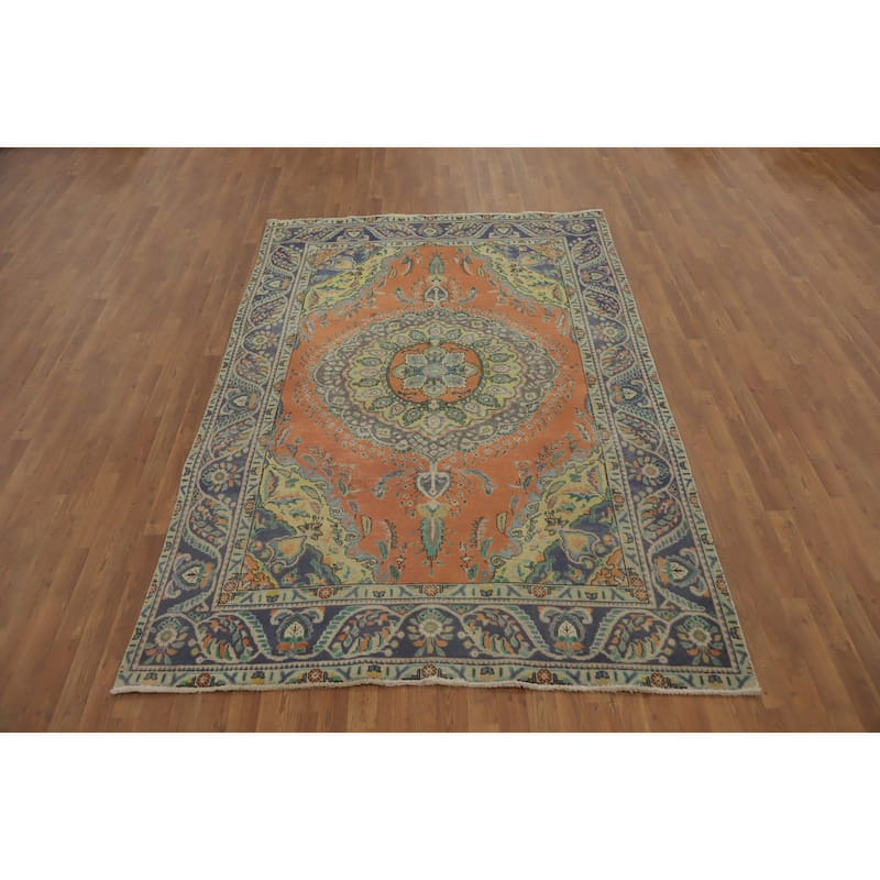 Hand Knotted Oriental 100% Wool Carpet Traditional Medallion Oranges & Rust Tabriz Area Rug - 9' 2'' X 6' 3''