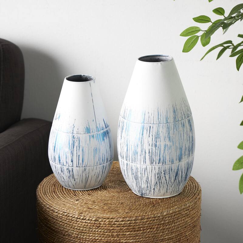 Metal Brushed Decorative Vase with White Background - Set of 2 Blue - Roche River Decor